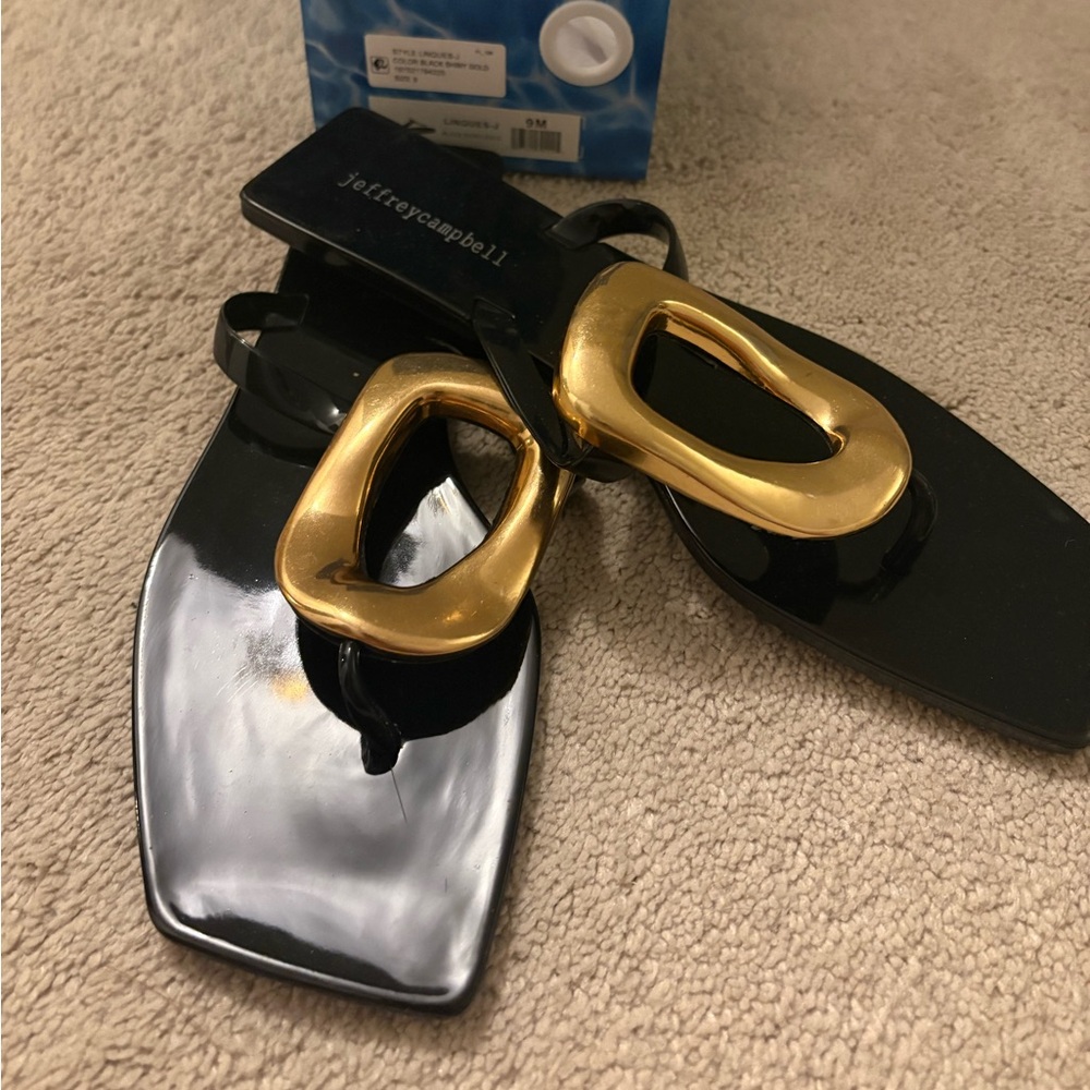 Jeffrey Campbell Linques Jelly Black Sandals with Gold Accent